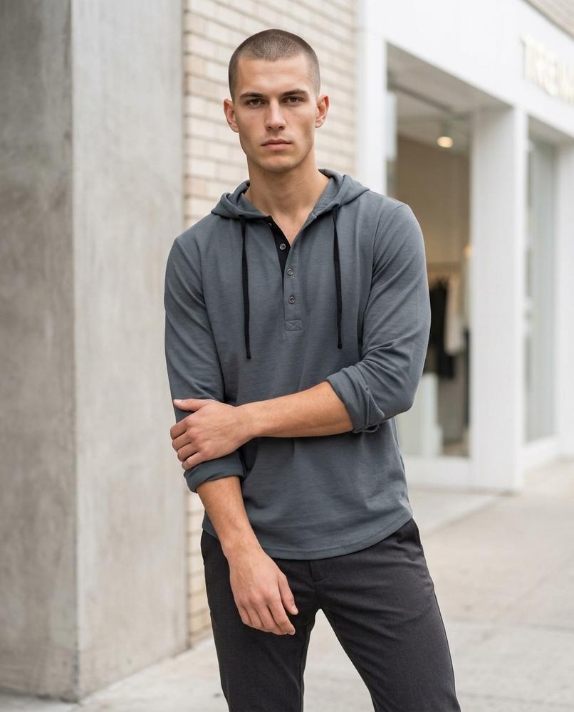 Men's Hoodie – Zovov, Button detailing, Attached hood – Tilly Outlet