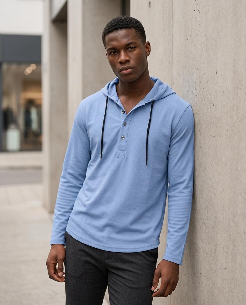 Men's Hoodie – Zovov, Button detailing, Attached hood – Tilly Outlet