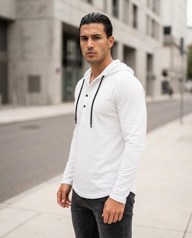 Men's Hoodie – Zovov, Button detailing, Attached hood – Tilly Outlet