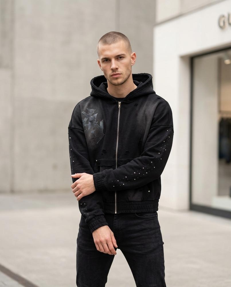 Unisex Hoodie – Niran, Studded detailing, Washed finish – Tilly Outlet