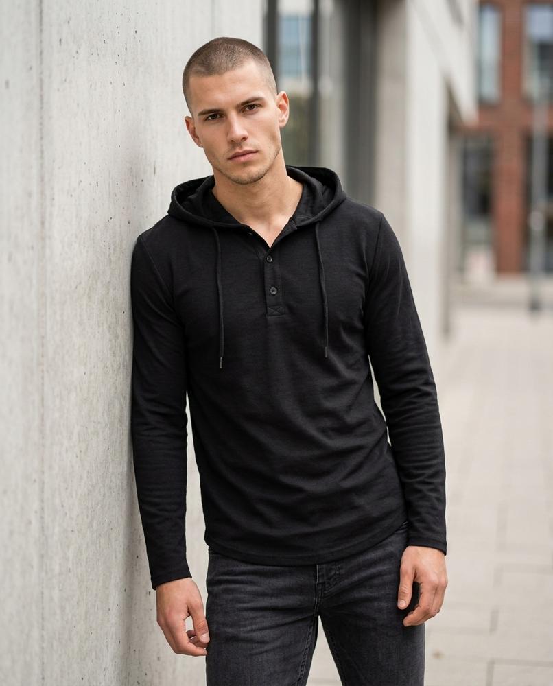Men's Hoodie – Zovov, Button detailing, Attached hood – Tilly Outlet